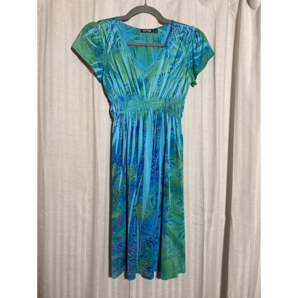 Y2K Inspired Tropical Paisley Studded V-Neck Blue Green Empire Waist Dress PS